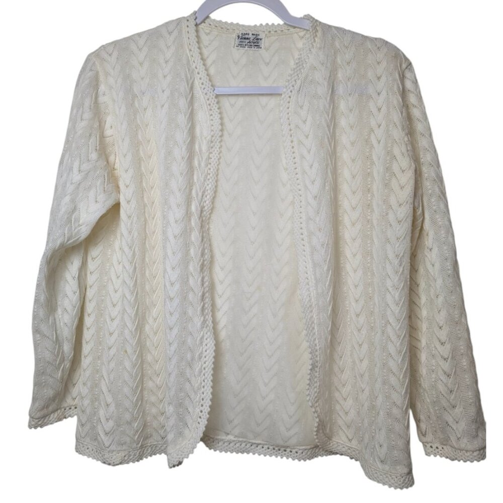 Vintage Vienna Lace Open Front Cardigan | Made in Japan | Cream Acrylic Womens M